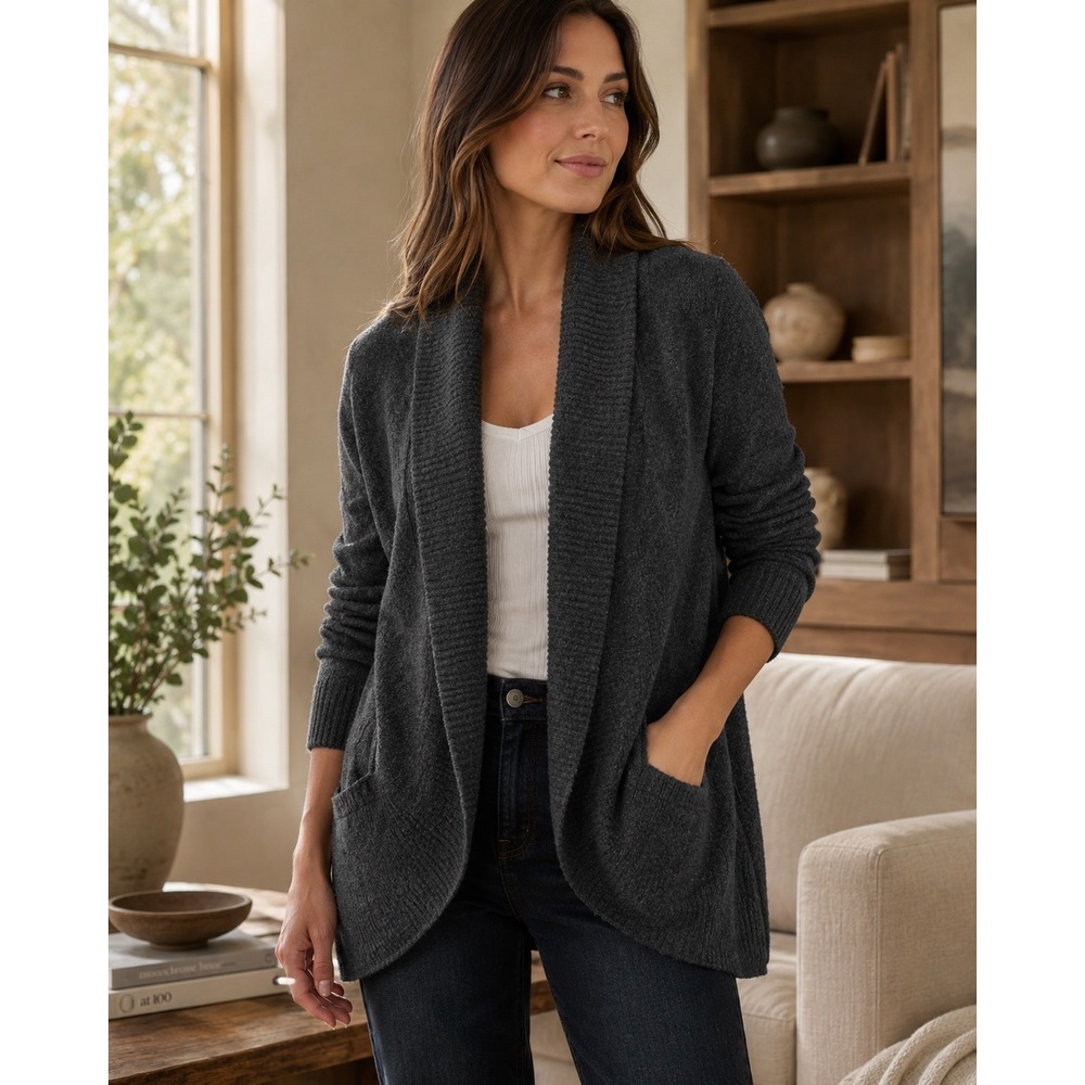 Barefoot Dreams CozyChic Lite Circle Cardigan Heathered Carbon‎ XS/S